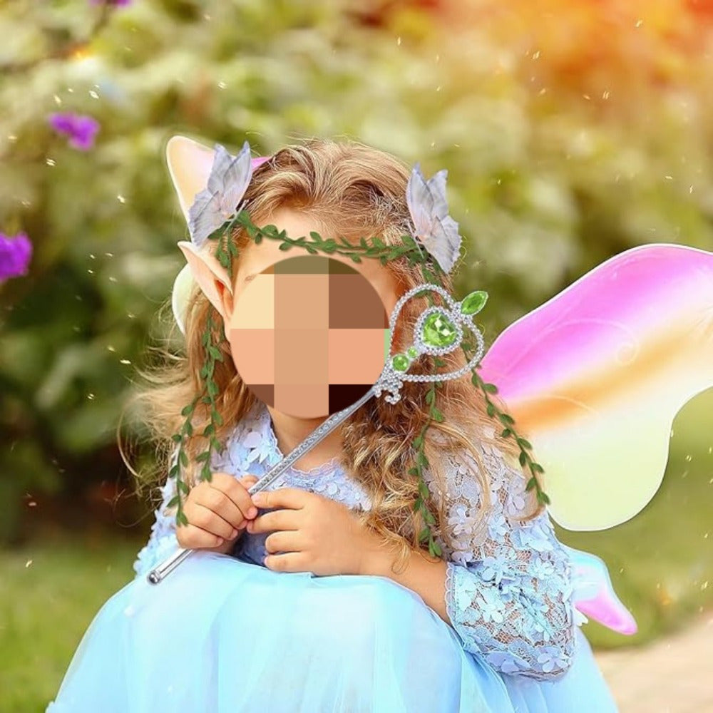5-piece Fairy Dress Costume Set With A Green Skirt, Ears, Headband, Wing Clips, And Magic Wand—a Magical Fairy — back view