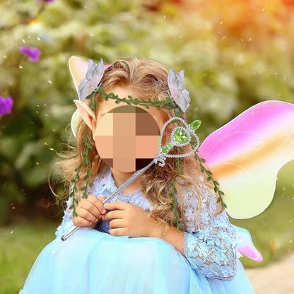 5-piece Fairy Dress Costume Set With A Green Skirt, Ears, Headband, Wing Clips, And Magic Wand—a Magical Fairy — back view