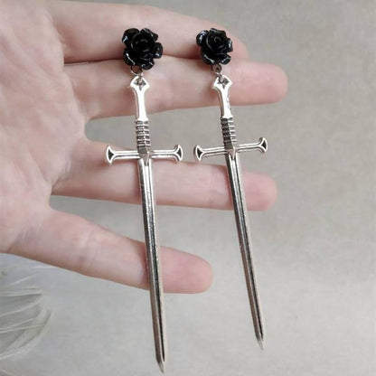 Gothic Long Sword Black Rose Earrings | Magic Stories