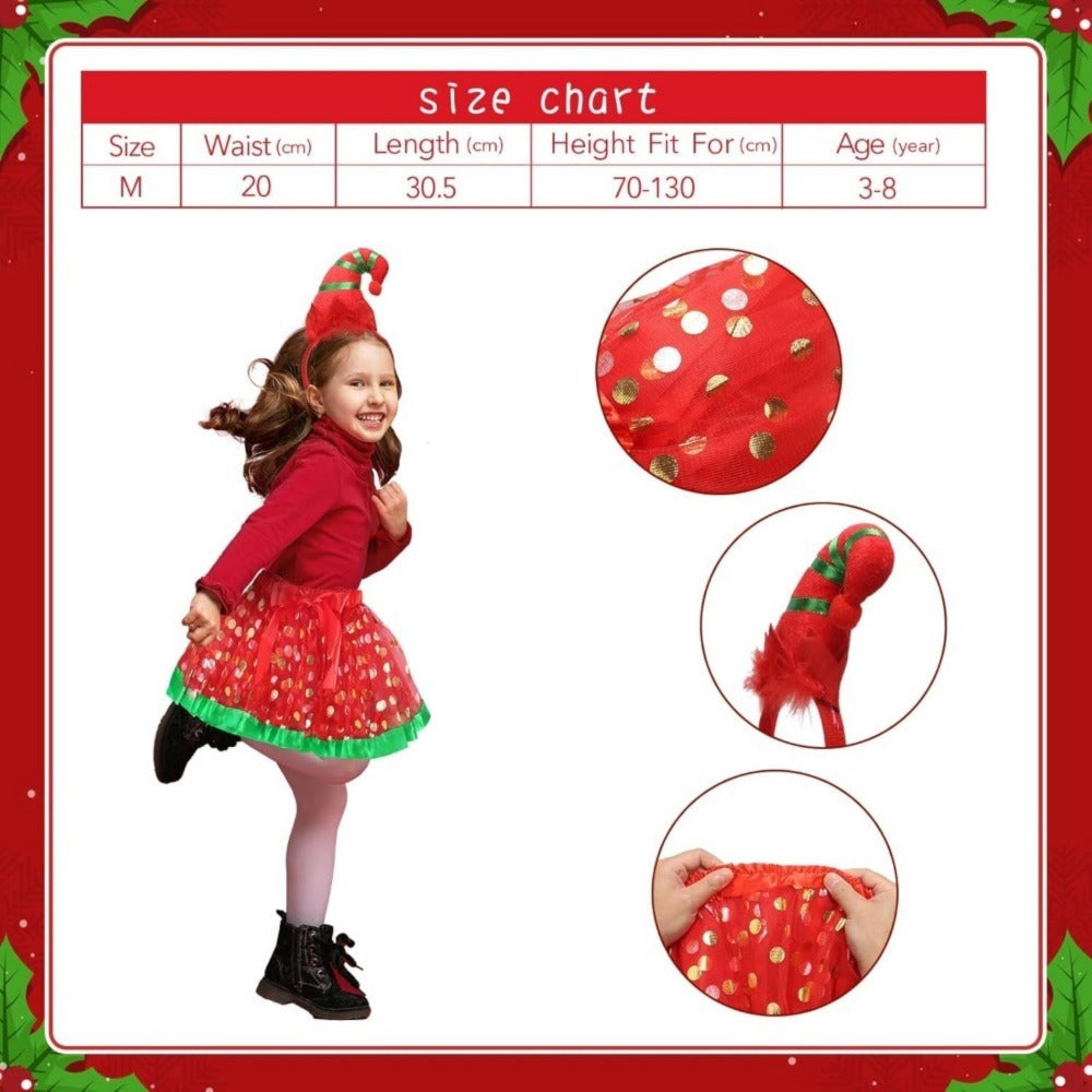 Christmas Elf Costume, 2-Piece Red-and-Green Elf Set With Headband & Polka-Dot Skirt, Festive Christmas Outfit — packaging