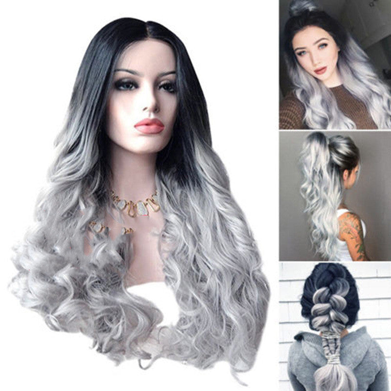 European And American Wig Granny Grey Gradient Medium-Long Volume — detail