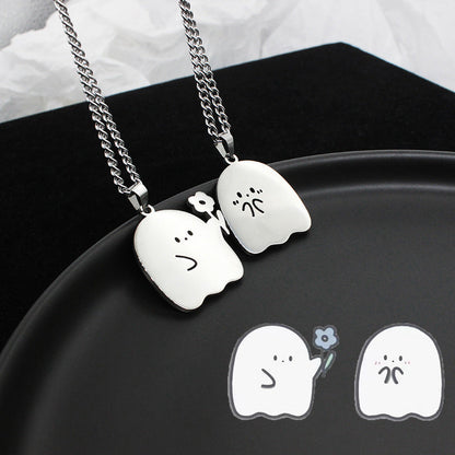 Halloween Kawaii Accessory 3-Piece — Glitter Pumpkin Cat Enamel Pin, Ghost Couple Necklace Pair & Pumpkin Horn — back view