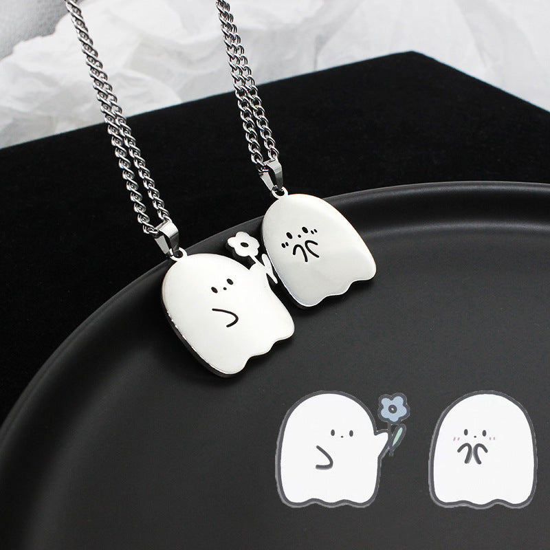 Halloween Kawaii Accessory 3-Piece — Glitter Pumpkin Cat Enamel Pin, Ghost Couple Necklace Pair & Pumpkin Horn — back view