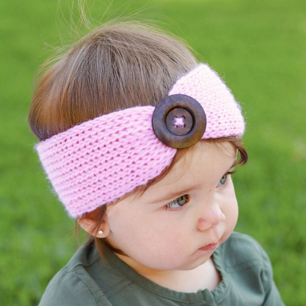 Knitted wool bunny ears headband — side view