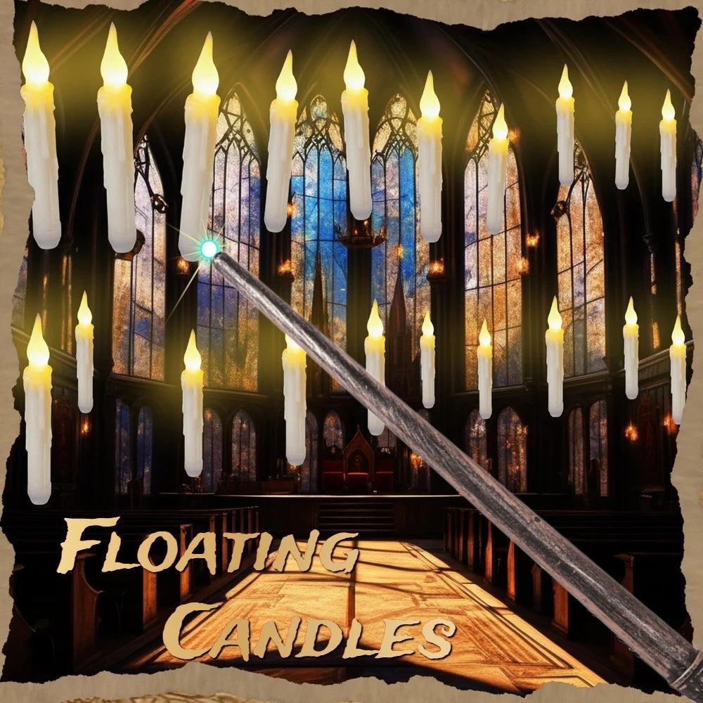Halloween Party Lighting 3-Piece — Floating LED Candles with Magic Wand, Pumpkin Night Light & Bat Wall Décor