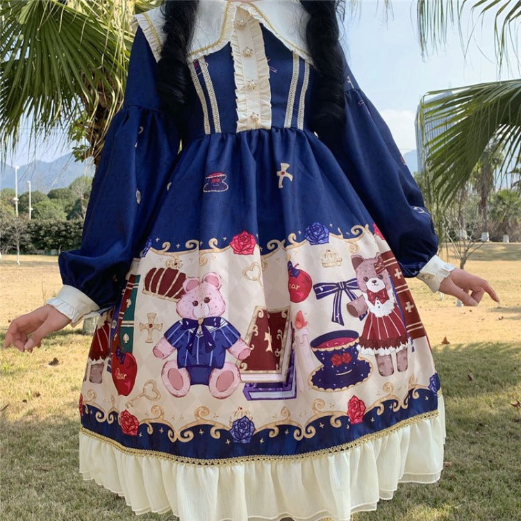 Lolita British Bear Op Long Sleeve Dress | Magic Stories