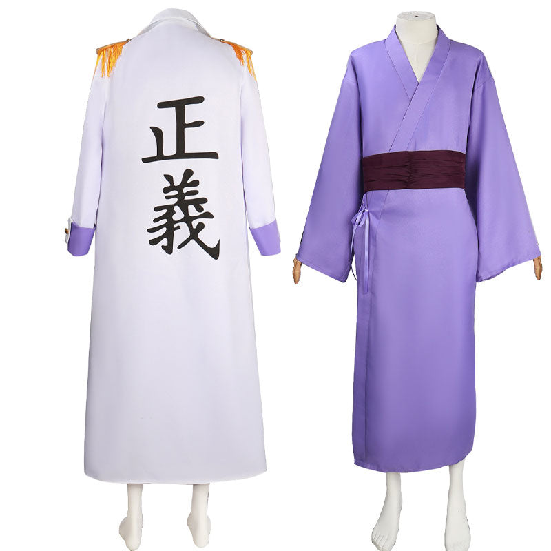 Fujitora Issho One Piece cosplay set — the white admiral justice coat and the purple kimono with obi shown together