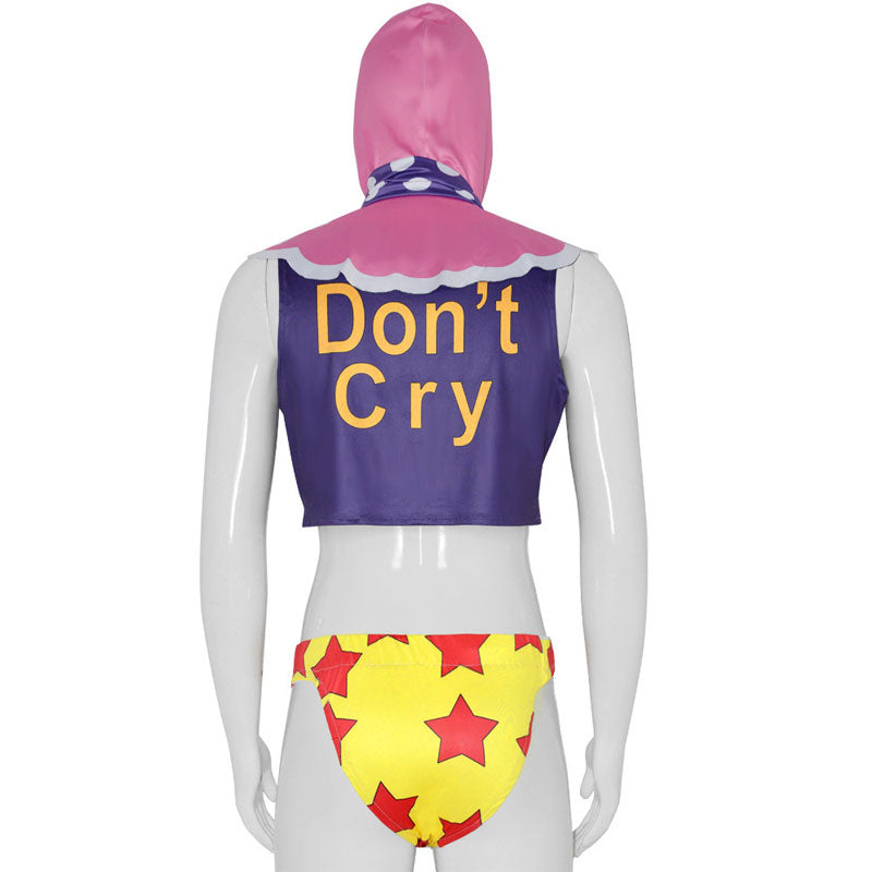 Senor Pink one piece cosplay back view — 'Don't Cry' lettering on the purple top over yellow star briefs