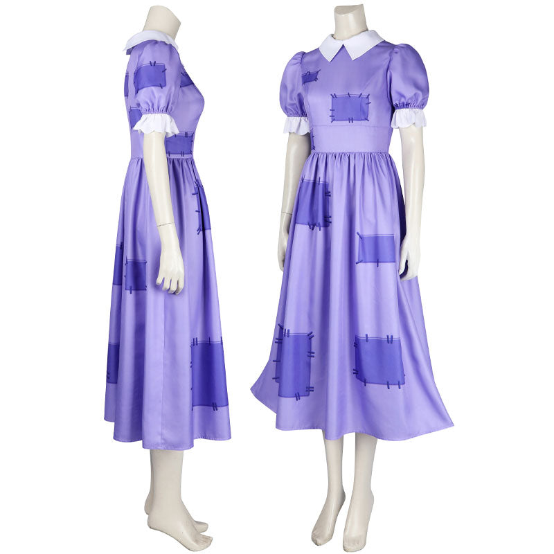Ragatha dress side view — puff sleeves, Peter Pan collar and patch print on the Amazing Digital Circus costume