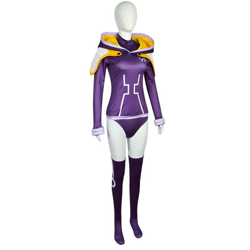 Jewelry Bonney One Piece cosplay, angled front view — yellow-lined hood and white shoulder pads over the purple Egghead Arc top