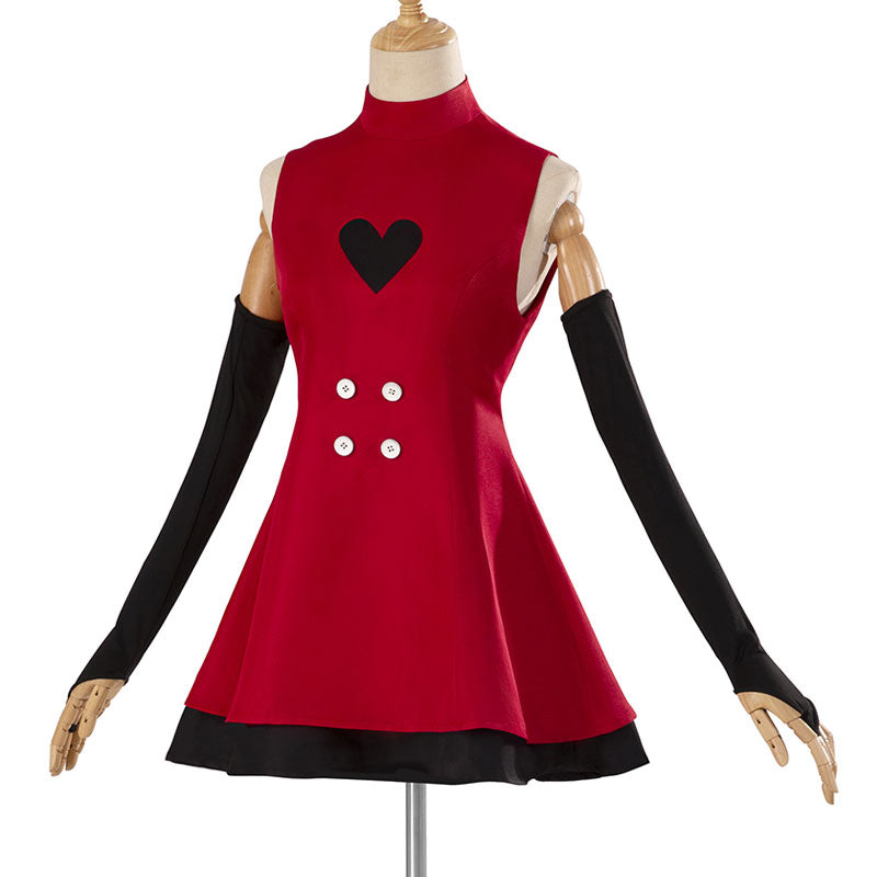 Charlie Morningstar Hazbin Hotel cosplay outfit, angled view — red dress with black hem and matching long black opera gloves