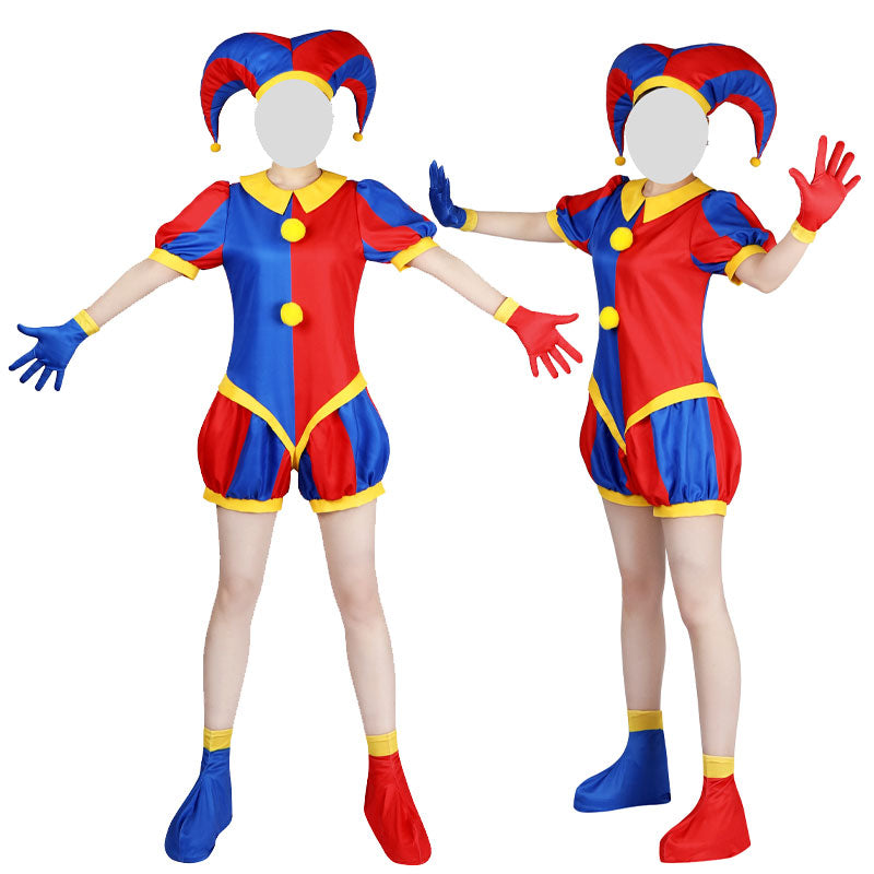 Pomni costume worn, arms out — red and blue Amazing Digital Circus jester jumpsuit with pompoms and shoe covers
