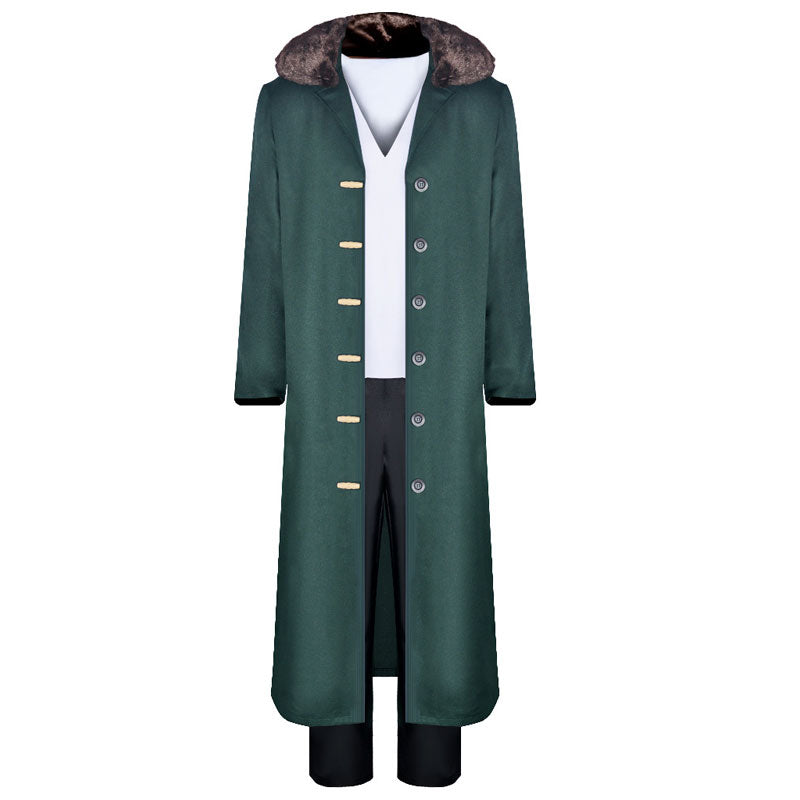 Kuzan One Piece cosplay coat, open front — dark green admiral coat with fur-trimmed collar worn over a white shirt
