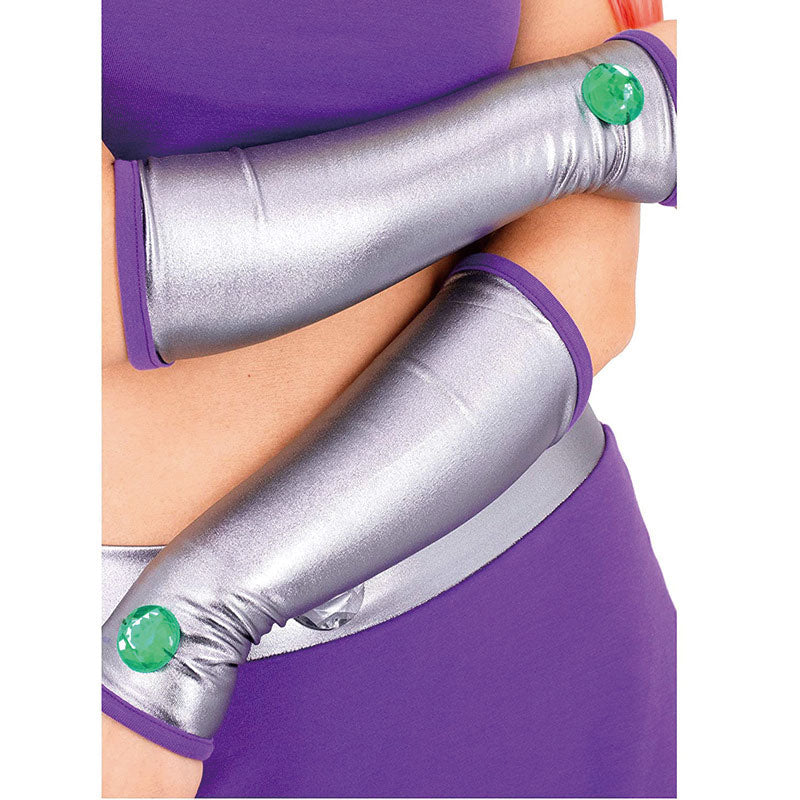 Starfire cosplay costume detail — silver gauntlet cuffs with green gem accents