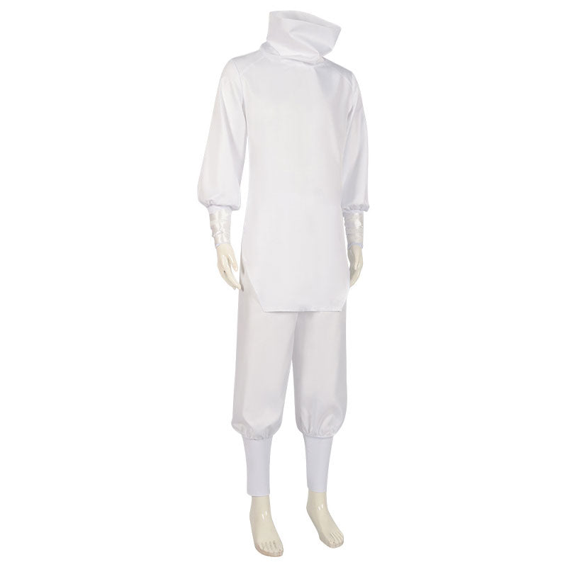 Hajime Kashimo cosplay outfit, front angled view — white Jujutsu Kaisen hooded jacket and pants on mannequin
