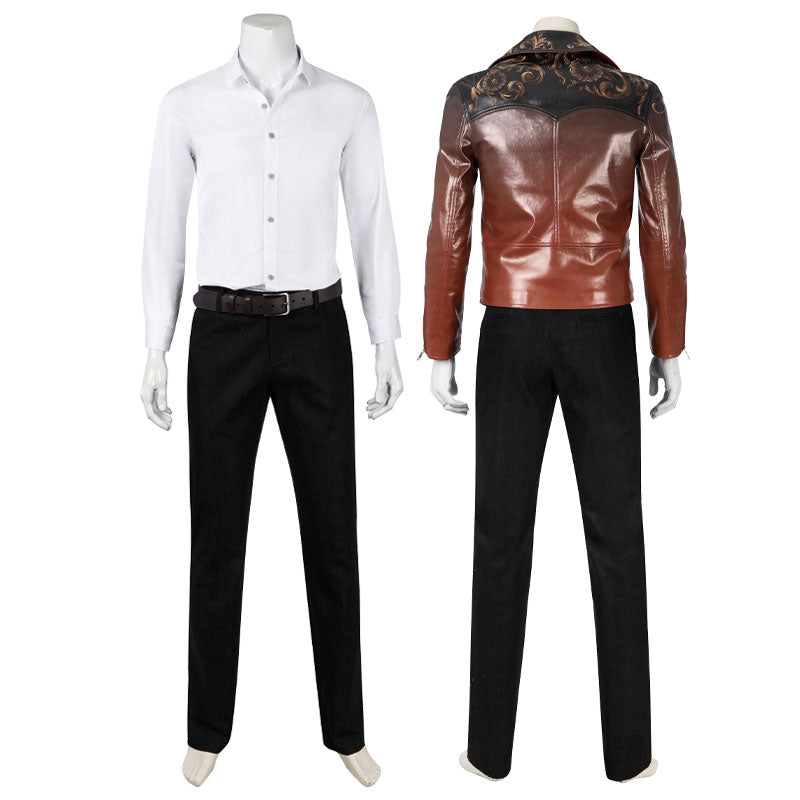 Resident Evil Luis Serra cosplay, back view — gold-embroidered yoke on the brown leather jacket, shown beside the white shirt and belt