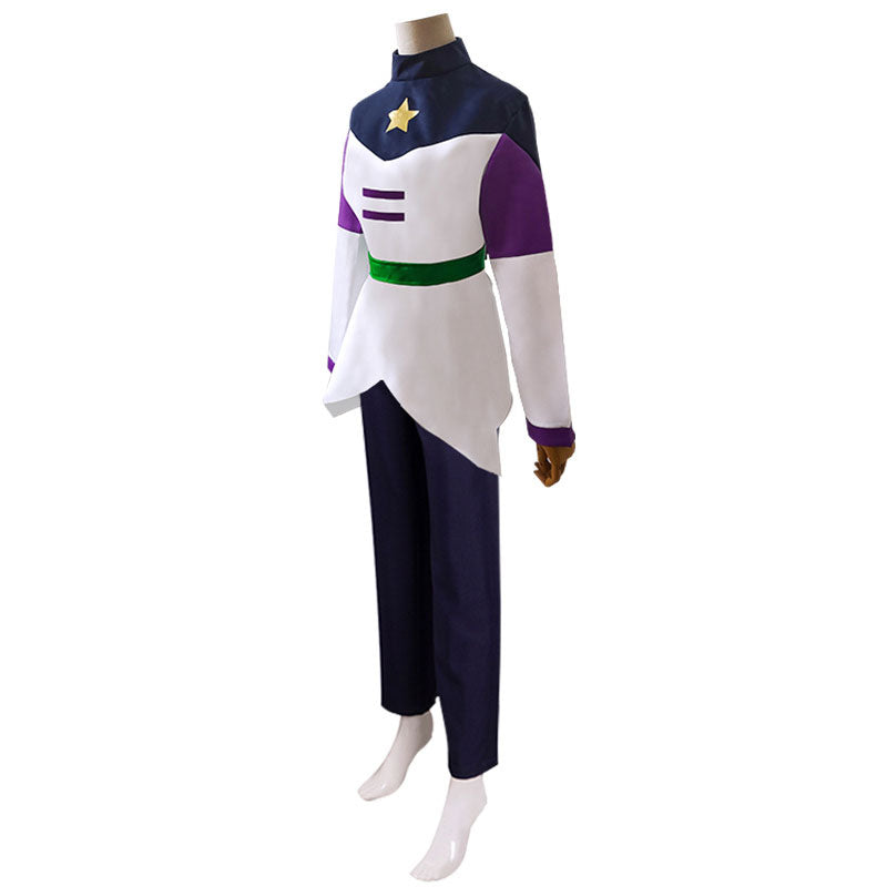 The Owl House Luz Noceda costume, side view — white tunic worn over navy trousers with the green sash at the waist