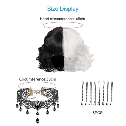 Short Black-and-White Halloween Cosplay Wig For Halloween, Carnival, And Cosplay Parties — side view