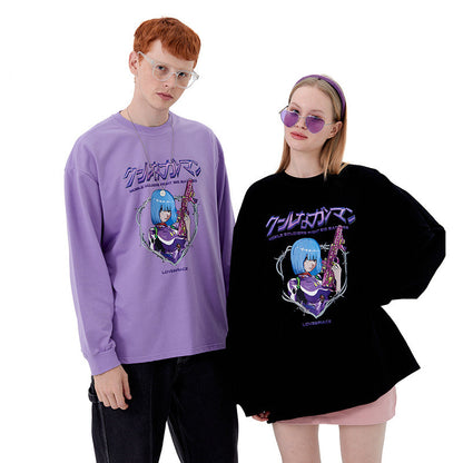 Anime Print T-shirt Men And Women Couple Long-sleeved Loose Casual Bottoming Top — scale reference