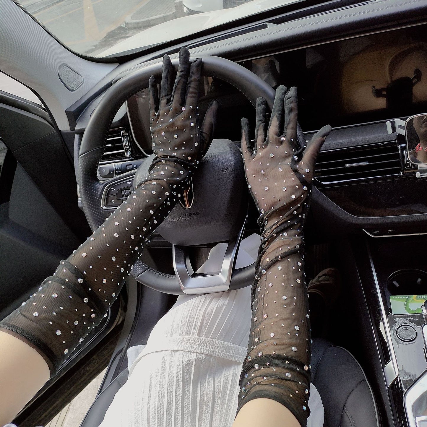 Halloween Dress Cosplay Rhinestone Lace Mesh Gloves — side view