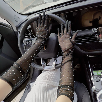 Halloween Dress Cosplay Rhinestone Lace Mesh Gloves — side view