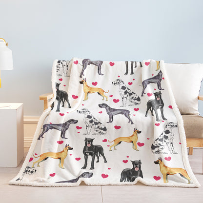 Great Dane Dog Blanket Red Heart Puppy Print Sherpa Fleece Throw Blanket Funny Kawaii Dog Portrait Plush — side view