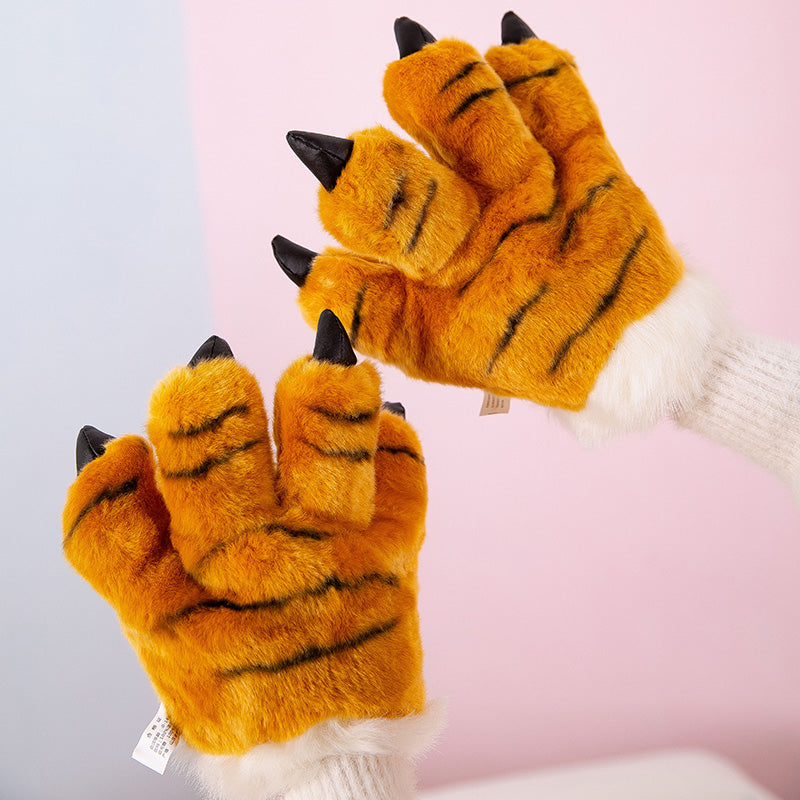 Plush Toy Zoo Children Props Tiger Paw Gloves Hand Warmer Pillow — back view
