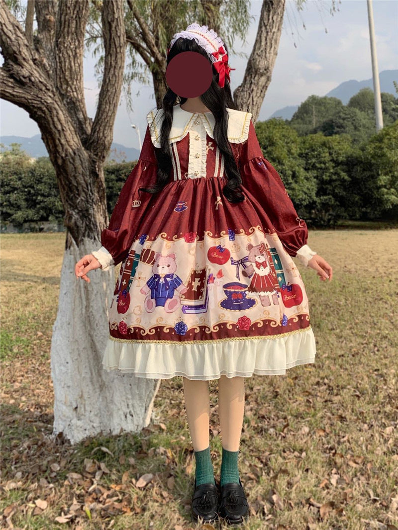 Lolita British Bear Op Long Sleeve Dress | Magic Stories