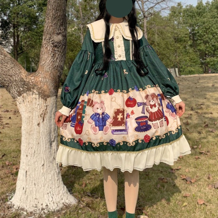 Lolita British Bear Op Long Sleeve Dress | Magic Stories