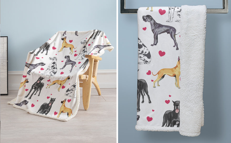 Great Dane Dog Blanket Red Heart Puppy Print Sherpa Fleece Throw Blanket Funny Kawaii Dog Portrait Plush Blankets — in use