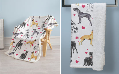 Great Dane Dog Blanket Red Heart Puppy Print Sherpa Fleece Throw Blanket Funny Kawaii Dog Portrait Plush Blankets — in use