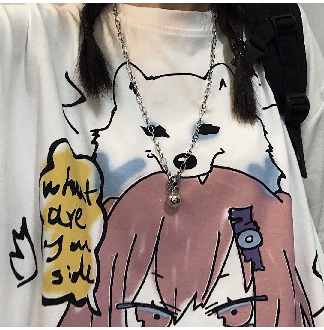 Anime White New Loose Ladies Short Sleeve T-shirt — back view