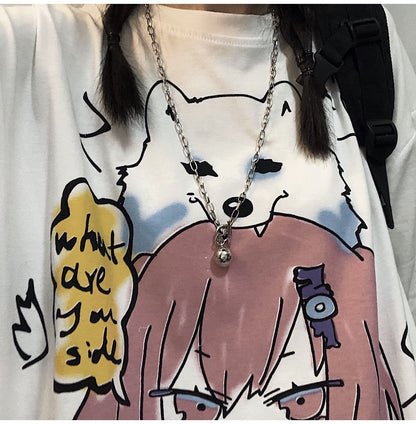 Anime White New Loose Ladies Short Sleeve T-shirt — back view