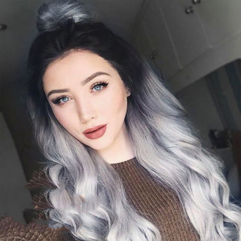 European And American Wig Granny Grey Gradient Medium-Long Volume — packaging