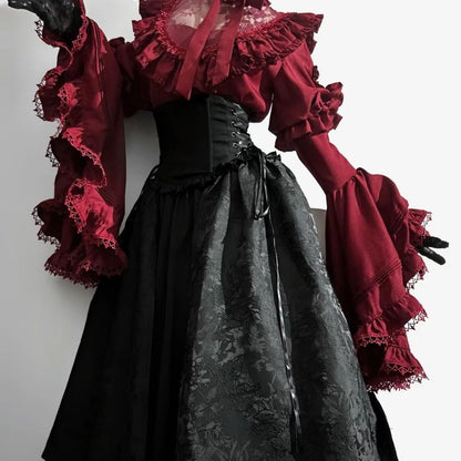 Gothic Lolita Midi Skirt Long Dress Princess-sleeve Shirtluxurious And Elegant — back view