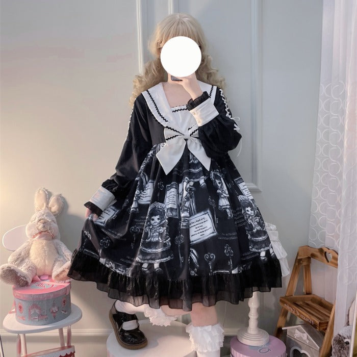 Lolita Dark Black Doll Gothic Long Sleeve Dress