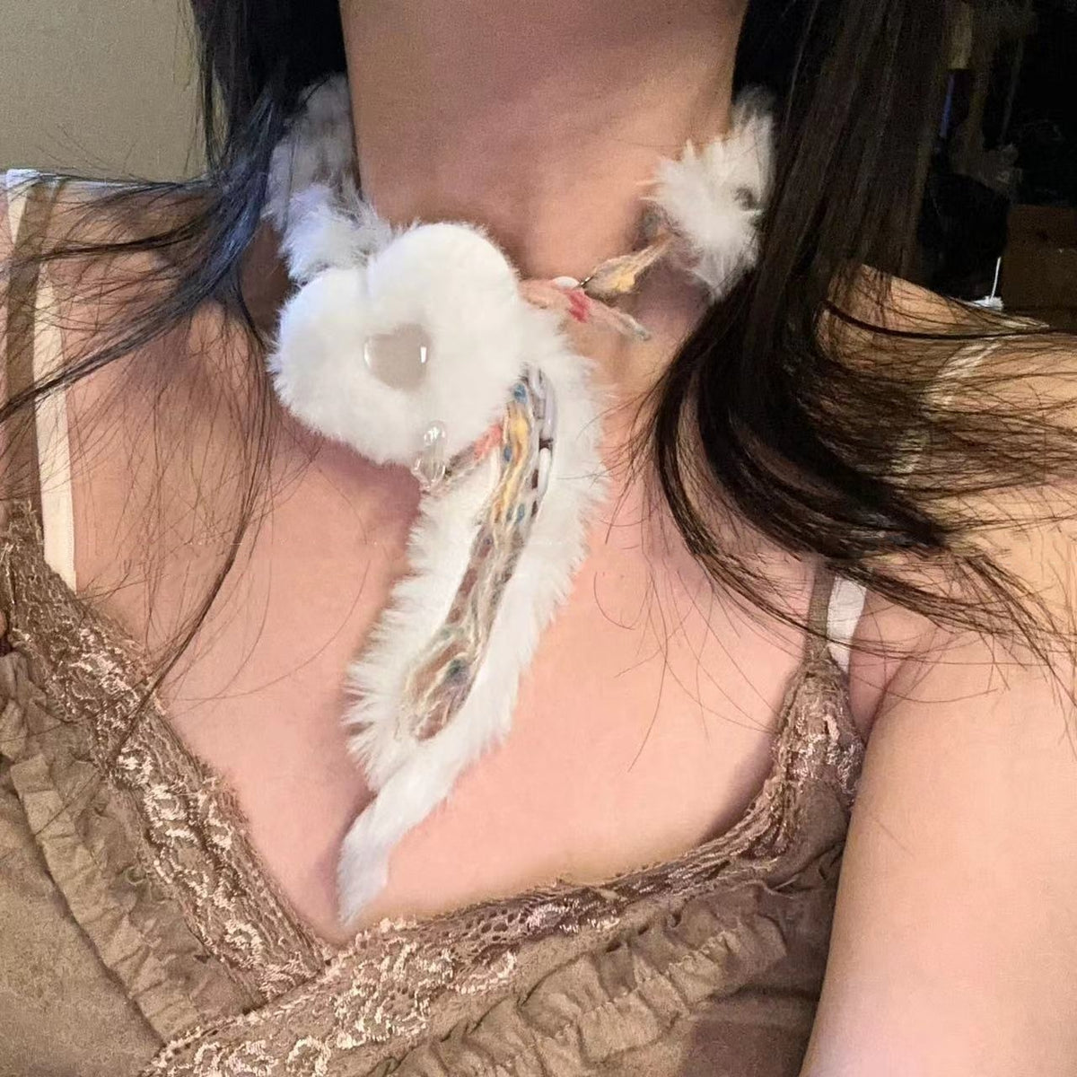 White Plush Choker Heart Necklace | Magic Stories