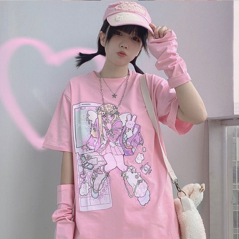 Gothic Pink Harajuku Anime Girl Loose Aesthetic T-Shirt — scale reference