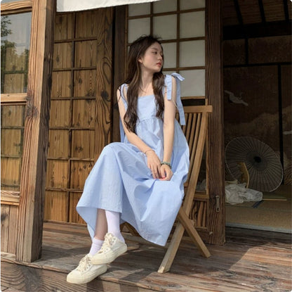 French Gentle Wind Fairy Skirt Lace-up Bow-knot Temperament Suspender Dress — detail