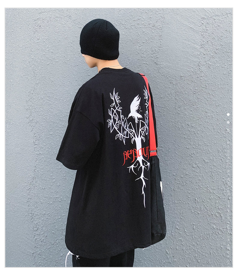 Cartoon Five-point Sleeve T-shirt Male Short-sleeved Letter Printing Japanese Tide Brand Anime Hip-hop Sleeve Top — back view