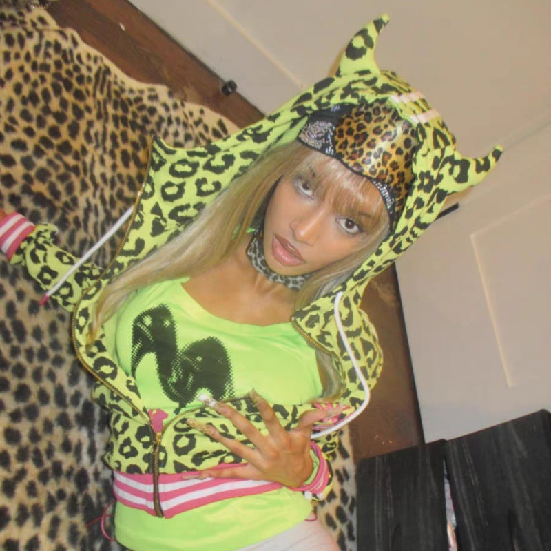 Yellow Leopard-Print Hoodie With Devil Horns For Women — back view