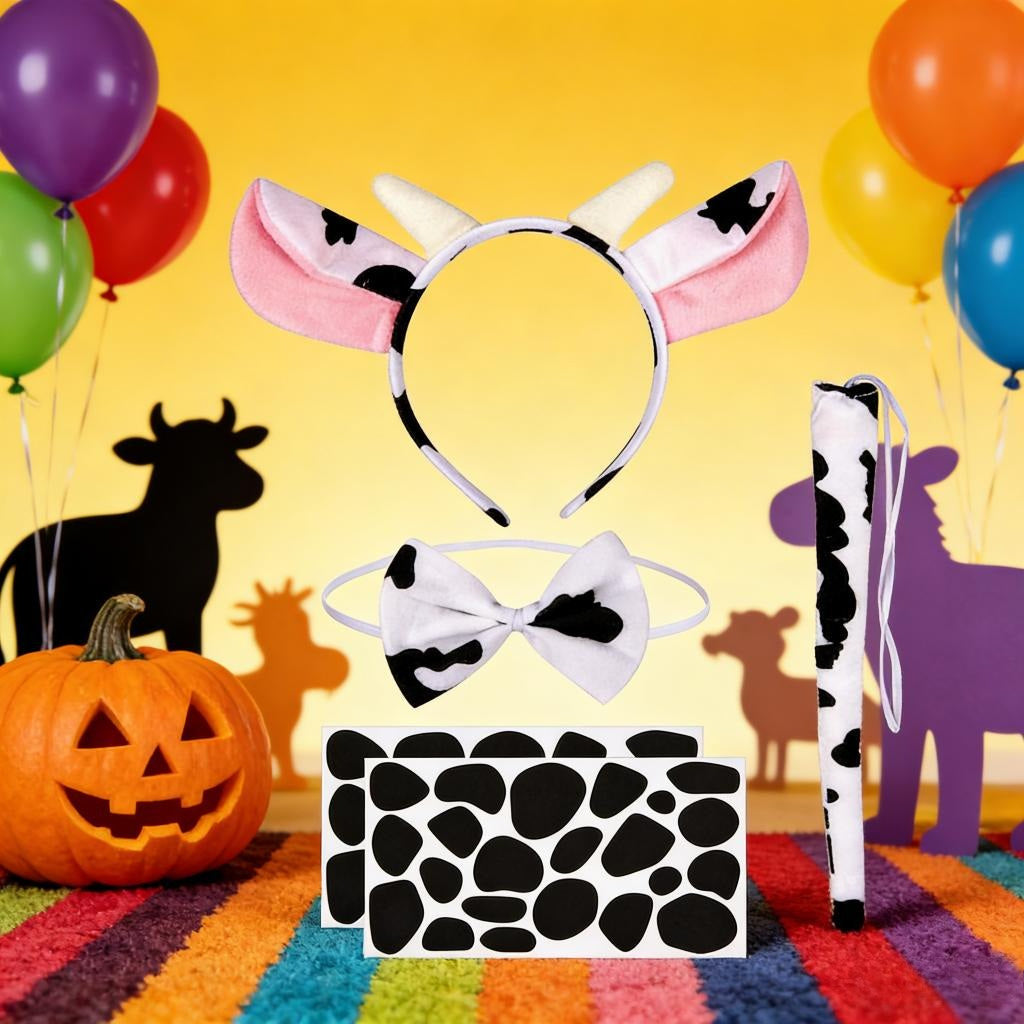 Cow Costume Set,3-piece Cow Outfit-headband With Ears, Tail, And Bow Tie And 2 Spotted Stickers, Perfect For — back view