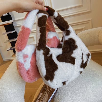 New Plush Harajuku Style Cow Fashion Plush Simple Personality Crossbody Bag — back view
