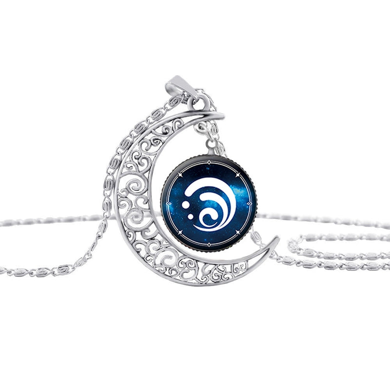 Vintage Hollow Moon Pendant Necklace Genshin Impact Eye of God Weapon Props Dome Glass Necklaces For Women — back view
