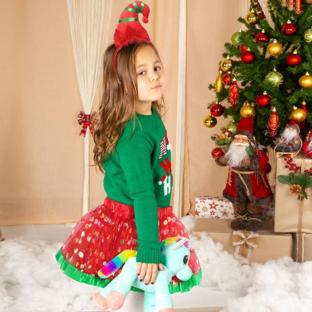 Christmas Elf Costume, 2-Piece Red-and-Green Elf Set With Headband & Polka-Dot Skirt, Festive Christmas Outfit For — detail