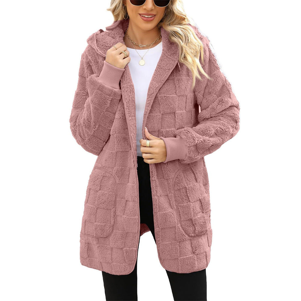 Cardigan Plaid Jacquard Hooded Pocket Plush Cardigan Jacket — detail