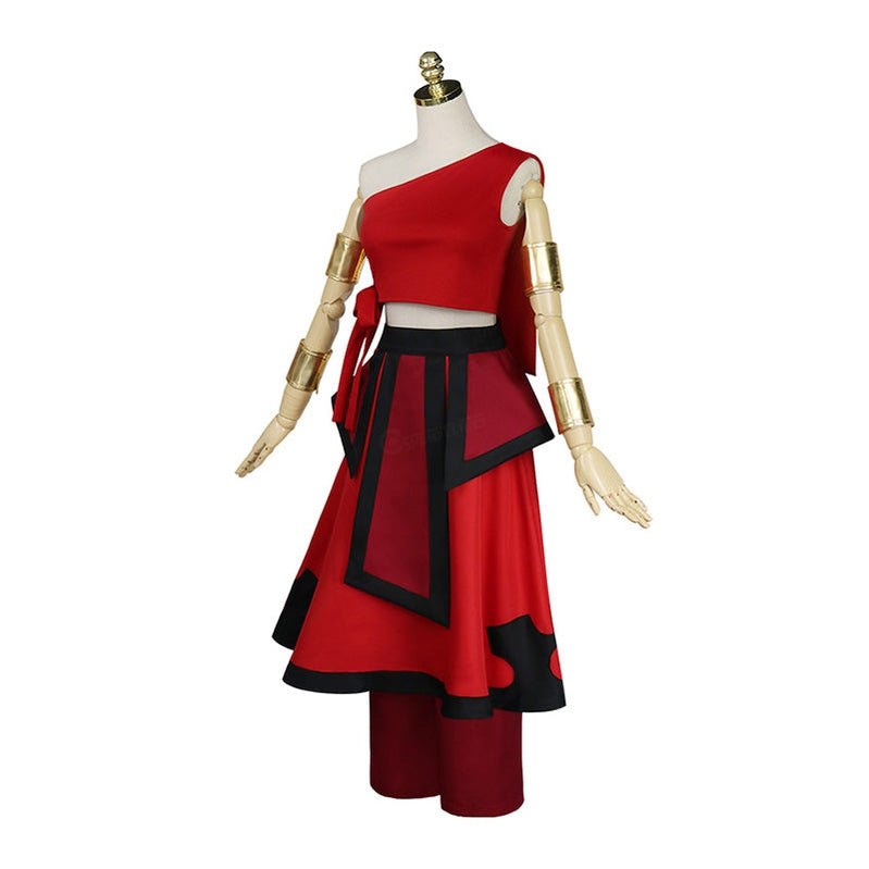 Katara Avatar cosplay, side view — layered red skirt with black trim and panel detail, worn with gold arm cuffs