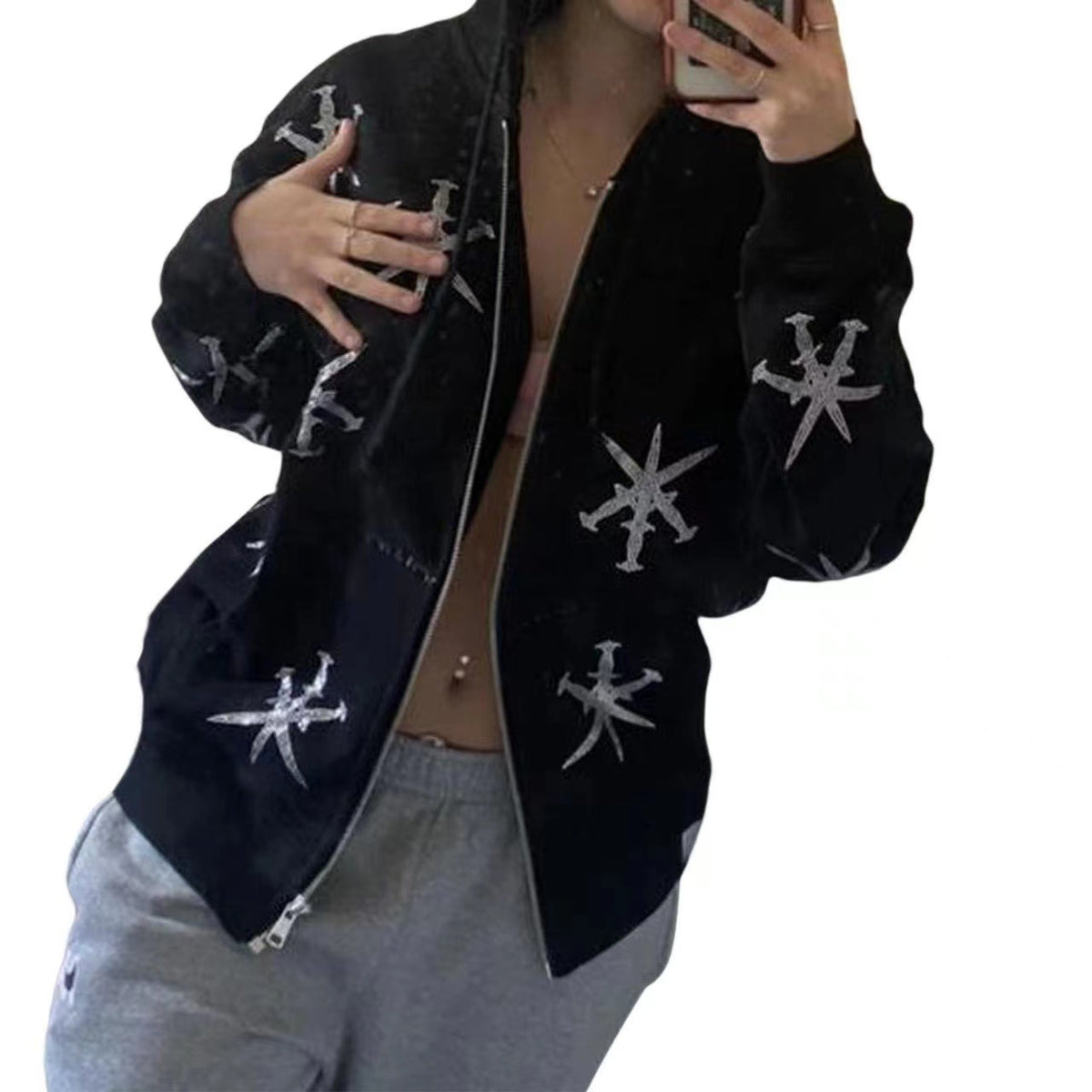 Rhinestone Gothic Streetwear Green Zipup Hoodie — detail