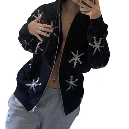 Rhinestone Gothic Streetwear Green Zipup Hoodie — detail