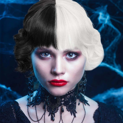 Short Black-and-White Halloween Cosplay Wig For Halloween, Carnival, And Cosplay Parties — back view